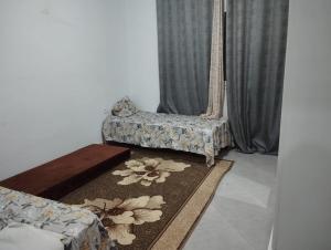 a living room with a chair and a rug at maison fella in Kelibia