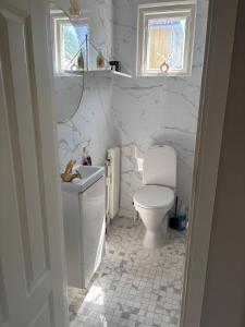 a white bathroom with a toilet and a sink at Villa Fredsstigen in Åmål +27 photos