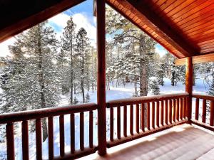 a view from the porch of a cabin with snow covered trees at Three level cabin with Hot Tub in Duck Creek Village