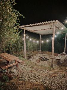 a picnic table and a canopy with lights at night at Sweet Forest- Domo Luna in Punilla