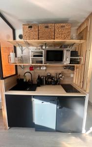 una cocina con encimera con microondas y nevera en Joli studio hypercentre, en Les Carroz d'Araches