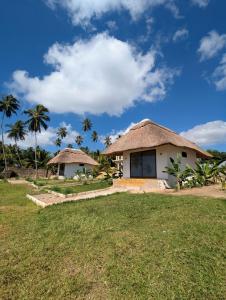 a house with a thatched roof and a grass yard at Waterfall Halal Retreat Pemba Island Zanzibar in Mkoani