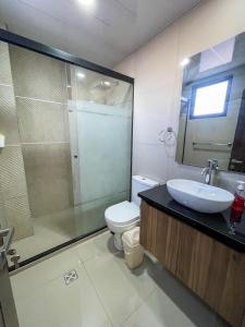 ein Badezimmer mit Toilette, Waschbecken und Dusche in der Unterkunft Perfecto Apartamento Vacacional in Santa Cruz de la Sierra