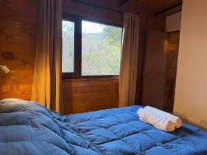 Un dormitorio con una gran cama azul y una ventana en RIO-ABAJO Cabañas frente al RIO MELIQUINA, en Villa Meliquina