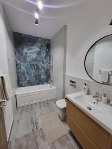 une salle de bain avec un lavabo, des toilettes et un miroir dans l'établissement Sika Opulent Grand Apartment, à Arad