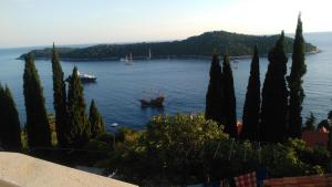 un barco en un gran cuerpo de agua con árboles en Apartment Matea Zlatni Potok, en Dubrovnik