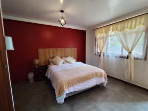 a bedroom with a bed and a red wall at Hotel Las Cañas in Baños