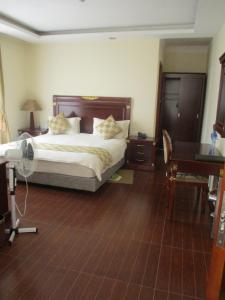 a bedroom with a bed and a desk with a fan at Sabean International Hotel in Āksum
