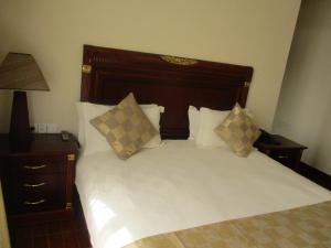 a bedroom with a bed with a wooden headboard and pillows at Sabean International Hotel in Āksum