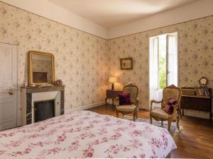a bedroom with a bed and a fireplace and a mirror at Manoir La Peyrade in Brouchaud