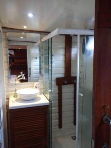 a bathroom with a sink and a glass shower at IBIZA Escuna in Paraty