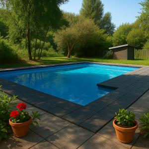 a swimming pool with two potted plants on a patio at Lodge & spa El Laurel in Temuco
