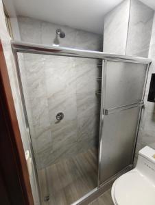 a shower stall in a bathroom with a toilet at Hotel GM zamora Balcony in Zamora