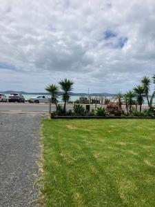 a parking lot with palm trees next to a beach at Maraetai Beachfront Studio Unit in Maraetai +11 photos