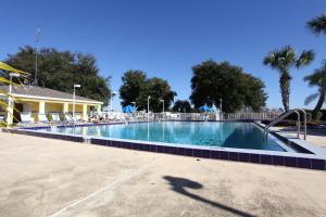 a large swimming pool with chairs and palm trees at Lake Magic Park Model 15 in Kissimmee