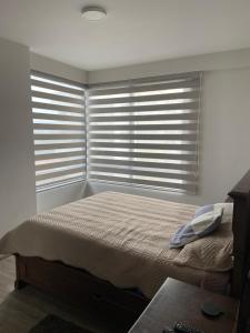 科恰班巴Hermoso y Cómodo Departamento的一间卧室配有一张床和一个带百叶窗的窗户
