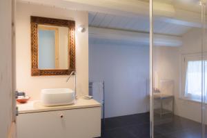 a bathroom with a shower with a sink and a mirror at Borgoparvo Countryvilla in Sirolo