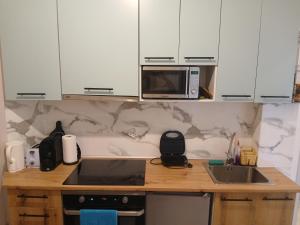 eine Küche mit einer Theke mit einer Mikrowelle und einer Spüle in der Unterkunft Center Walk Studios in Bukarest