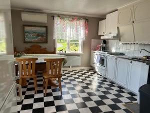 a kitchen with a black and white checkered floor at Setons Stuga in Lindesberg