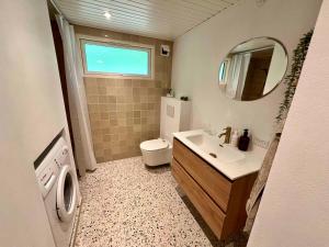 a bathroom with a sink and a toilet and a mirror at Renovated Holiday Home By Kvie Lake in Ansager +11 photos