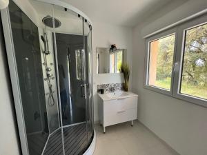 a bathroom with a shower and a sink and a mirror at appartement Mondragon in Mondragon
