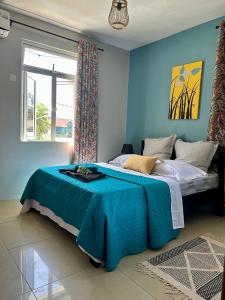 a bedroom with a bed with blue walls and a window at Flic en Flac Beachfront Apartment, KAZAFIBI in Flic-en-Flac