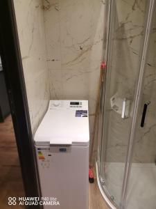 オトフォツクにあるSuper studio w centrum miastaの白い冷蔵庫(シャワー付)が備わる客室です。