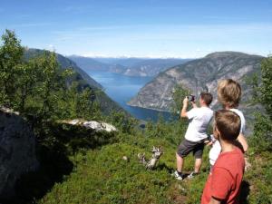 a group of people taking a picture of a lake at 3 person holiday park home, Lærdal in Lærdalsøyri +2 photos