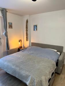 a bedroom with a bed with a blue comforter at Studio Centre-ville de Vannes in Vannes