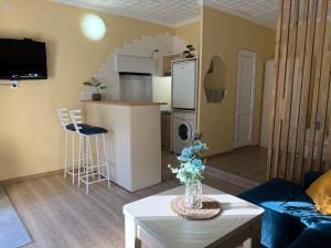 a living room with a kitchen and a living room with a table at Nanini Apartment in Tbilisi City