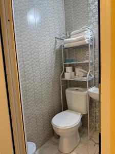 a bathroom with a toilet and a sink at Nanini Apartment in Tbilisi City