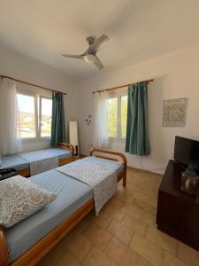 Un dormitorio con dos camas y un televisor de pantalla plana. en Summer family house 300m from the beach, en Kastraki Naxou