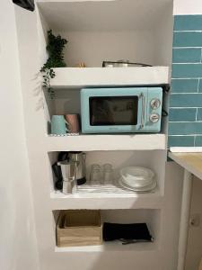 a microwave sitting on a shelf in a kitchen at Casa Luna in Almuñécar