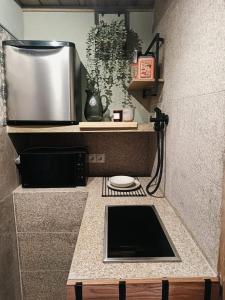 a kitchen with a counter top with a microwave at Dona Remedios in Xermade +13 photos