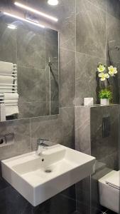 ein Badezimmer mit einem weißen Waschbecken und einem Spiegel in der Unterkunft Просторий світлий сучасний номер N2 in Czernowitz