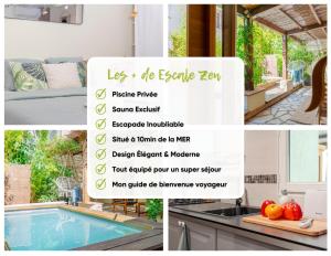 eine Collage mit Bildern einer Küche und eines Hauses in der Unterkunft Escale Zen - Sauna Exclusif & Terrasse Privée - Idéal Pro & Couple - Piscine - 5min Port Toulon & Plage - WIFI HD - Expérience premium "Dans une bulle" in Toulon