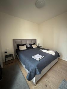 ein Schlafzimmer mit einem großen Bett mit einer blauen Decke in der Unterkunft Belgrade Waterfront apartments in Belgrad