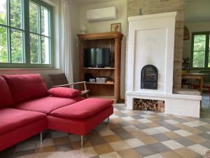 Una sala de estar con un sofá rojo y una chimenea. en Two Pines Summer House in Tihany, Sajkod, en Tihany