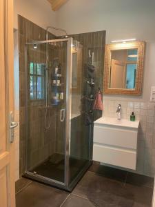 un baño con ducha y lavabo en Two Pines Summer House in Tihany, Sajkod, en Tihany 7 fotos más