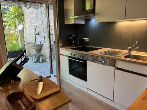 a kitchen with a sink and a stove at Garden apartment in Ettlingen