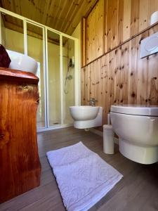a bathroom with a tub and a sink and a toilet at Stars box La Barona in Villar San Costanzo +10 photos