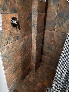 a bathroom with a shower with wooden tiles at The Angel River Villa in Meyerton