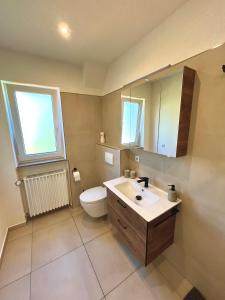 a bathroom with a toilet and a sink and a mirror at Ferienwohnung mit Dachterrasse in Selb +6 photos