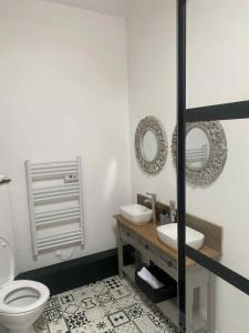 Apple Barn Cottage with 5 Bedrooms في Oradour-sur-Vayres: حمام مع مرحاض ومغسلة ومرايا