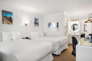 a hotel room with two beds and a desk at SureStay Hotel by Best Western Rossland Red Mountain in Rossland