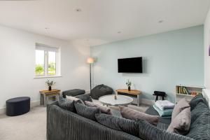 Somerford KeynesにあるLuxury apartment with spa access on a nature reserve Goldeneye HM107のソファとテレビのあるリビングルーム