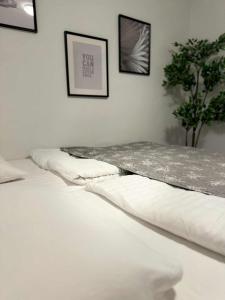 two white beds in a room with pictures on the wall at Slava Hygge Rooms in Nakskov +23 photos