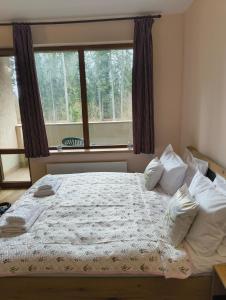 a bedroom with a bed with pillows and a window at Evrika home 21 in Pamporovo
