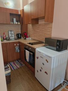 a kitchen with a stove and a microwave on top of a refrigerator at Evrika home 21 in Pamporovo