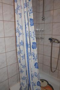 einen blauen und weißen Duschvorhang im Bad in der Unterkunft Apartment Pokos in Varaždinske Toplice